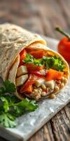 Fresh vegetable wrap filled with colorful peppers and herbs on a wooden table photo