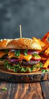 Juicy burger with cheese and fresh toppings served with crispy sweet potato fries at a rustic restaurant photo