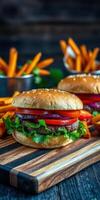 Juicy burger loaded with fresh vegetables and served with crispy fries in a cozy eatery photo