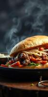 Juicy beef sandwich served with fresh vegetables and herbs creating a delicious meal perfect for lunch or dinner photo