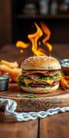 Juicy burger with cheese and crispy fries served on a wooden platter with flames in the background photo