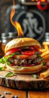 Delicious gourmet burger with fresh toppings and crispy fries on wooden board at a cozy diner photo