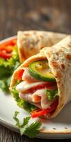 Delicious veggie wrap with fresh ingredients served on a rustic plate photo