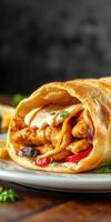 Delicious wrap filled with grilled chicken, fresh vegetables, and creamy sauce on a wooden table photo