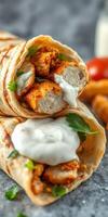 Delicious chicken wrap with creamy sauce and fresh herbs served on a gray background photo