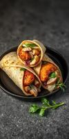 Delicious wraps filled with grilled chicken, onions, and herbs on a dark background photo