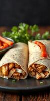 Delicious chicken wraps with fresh vegetables served on a rustic wooden table photo