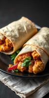 Juicy chicken wraps with spices and fresh toppings served on a black plate photo