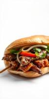 Delicious banh mi sandwich featuring grilled meat, fresh vegetables, and herbs on a soft baguette photo