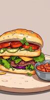 Juicy burger stacked with fresh ingredients and served with salsa on a wooden platter photo