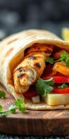 Grilled chicken wrap with fresh vegetables and herbs served on a wooden surface in a vibrant setting photo