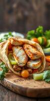 Grilled chicken wrap with fresh vegetables and herbs served on a wooden cutting board in a rustic setting photo