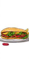 Delicious sandwich filled with fresh vegetables and savory meat served on a plate with sauce and lemon slice photo
