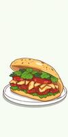 Delicious sandwich with fresh ingredients, served on a white plate, featuring lettuce, tomato, and various meats topped with herbs photo