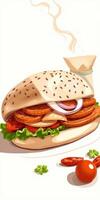 Delicious sandwich featuring fresh vegetables and savory toppings on a soft bun photo