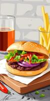Delicious burger with fresh vegetables served with fries and a drink in a casual dining setting photo