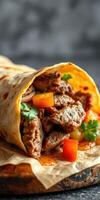Delicious beef wrap filled with tender meat and fresh vegetables in a warm tortilla photo