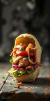 Deliciously filled wrap with grilled chicken, fresh vegetables, and sauce in a rustic setting photo