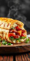 Delicious wrap filled with fresh vegetables served on a wooden board photo
