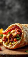 Delicious wrap filled with grilled meat, vegetables, and creamy sauce on a wooden board photo