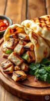 Grilled chicken wrapped in warm flatbread served with spicy sauce and fresh herbs in a cozy setting photo