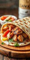 Delicious grilled chicken wrap with fresh vegetables served on a wooden plate in a cozy setting photo