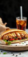 Delicious sandwich filled with grilled meat, fresh vegetables, and served with a cold drink in a cozy setting photo