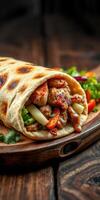 Delicious wrap filled with grilled chicken, vegetables, and sauce served on a wooden platter photo