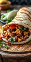 Grilled chicken wrap with vegetables served on a wooden board in a cozy dining setting photo