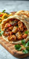 Delicious grilled chicken wrap with fresh vegetables served on a wooden board for a rustic meal experience photo