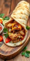 Delicious chicken wrap with fresh vegetables and cheese on a wooden serving board photo
