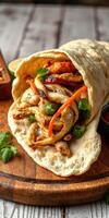 Delicious grilled chicken wrap with fresh vegetables served on a wooden platter photo