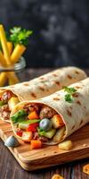 Delicious vegetarian wraps with colorful vegetables and spices served on a wooden board photo