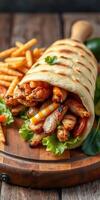 Delicious grilled chicken wrap served with crispy fries and fresh vegetables at a cozy local eatery photo