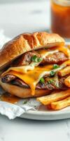 Mouthwatering cheeseburger with golden fries served on a plate in a cozy eatery setting photo