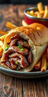 Delicious beef sandwich with crispy fries served on a rustic wooden table in a casual dining setting photo