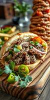 Delicious beef wrap with fresh vegetables served on a wooden board in a rustic setting photo