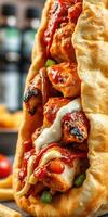 Delicious chicken wrap with sauce and vegetables served in a warm flatbread at a lively restaurant photo