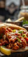 Delicious spicy chicken dish served in a warm bread with fresh vegetables and savory sauce photo