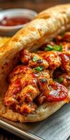 Spicy chicken sandwich served in warm flatbread with sauce and herbs photo