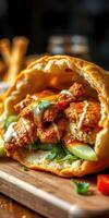 Delicious tender chicken wrapped in a crispy tortilla with fresh vegetables and sauce served on a wooden board photo