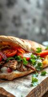 Delicious sandwich filled with grilled meat, fresh vegetables, and herbs, enjoying a mouthwatering moment in a cozy setting photo
