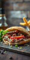 Delicious grilled meat sandwich with fresh vegetables served on a wooden table in a cozy setting photo