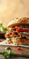 Delicious stacked sandwich with grilled meat, fresh vegetables, and creamy sauce served on a rustic wooden table photo
