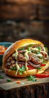 Delicious burger with grilled meat, fresh vegetables, and creamy sauce served in a rustic setting photo