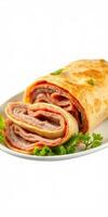Delicious flatbread rolled with savory meat filling garnished with fresh greens photo