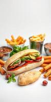 Delicious hot dog served with fries, dipping sauces, and fresh vegetables on a white background photo