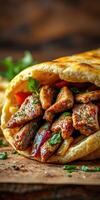 Delicious grilled chicken wrap loaded with fresh vegetables and herbs on a rustic wooden table photo