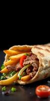 Savory wrap filled with seasoned meat, fresh vegetables, and crispy fries prepared in a cozy kitchen setting photo