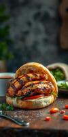 Grilled chicken wrap with fresh vegetables served on wooden table in cozy restaurant setting photo
